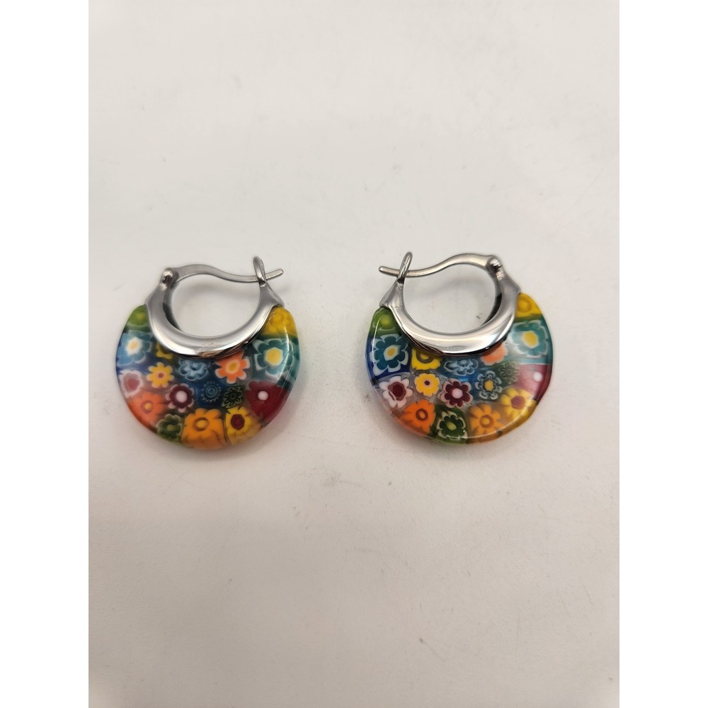 Millefiori Glass Hoop Earrings Multicolor Floral Murano Style Silver Tone Huggie